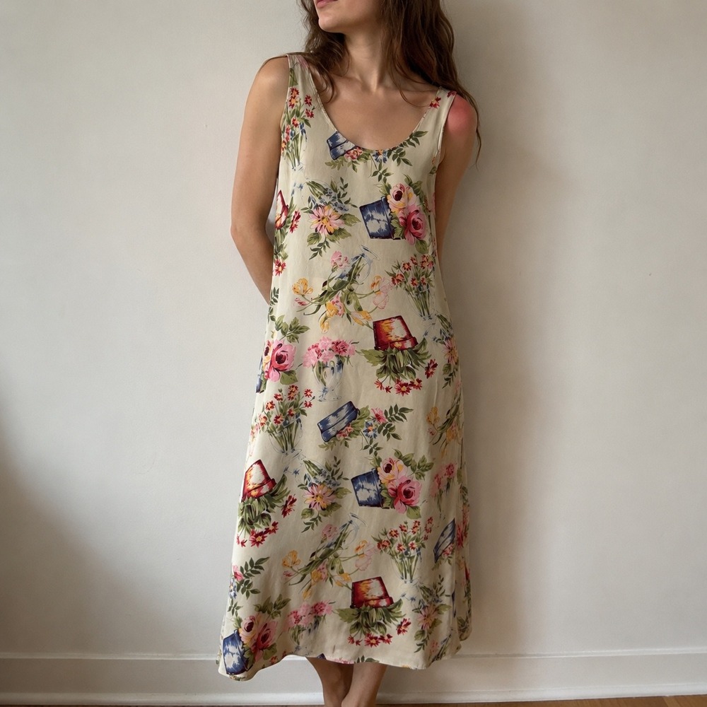 Vintage 90s Express Floral Midi Dress Size 11/12 Cottagecore Flower Pot